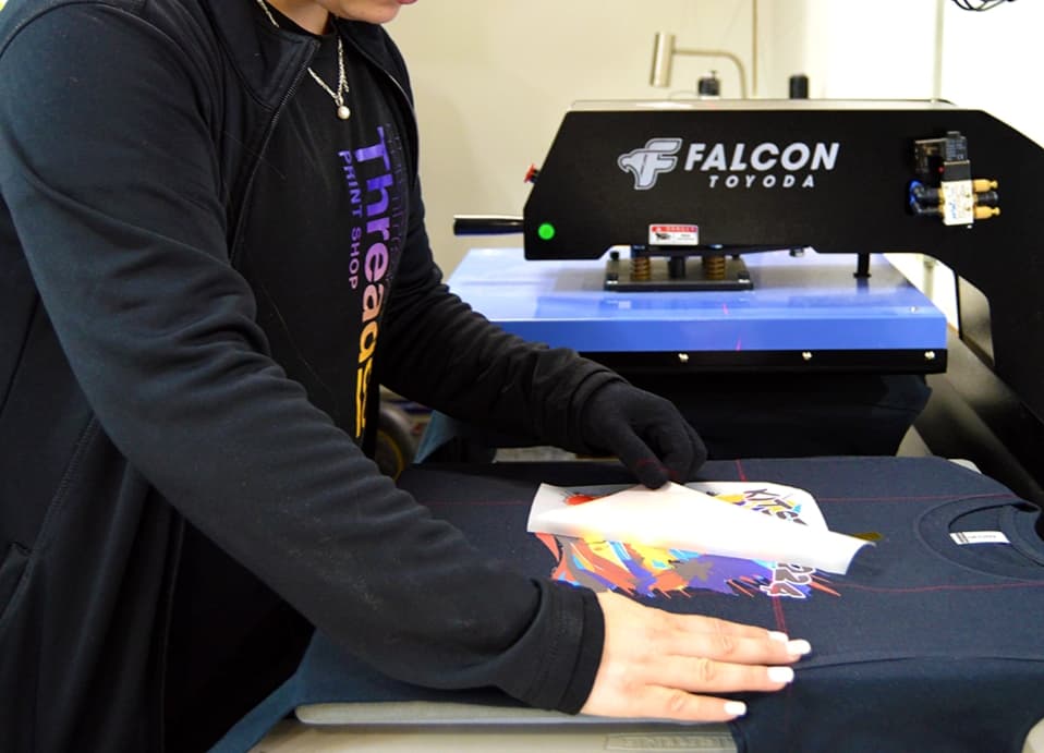 DTF heat press transfer in progress